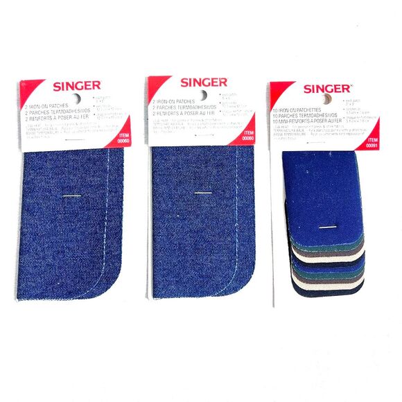 NEW Singer Iron-On Demin Cotton Patches Set (4)5x5 (10)2x3 sewing DIY seamstress - Picture 1 of 5